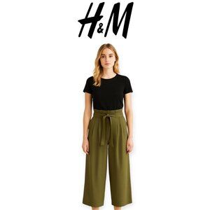 H&M Olive Wide-Leg Palazzo Pants Belted Crop High Waist Relaxed Fit Size 4